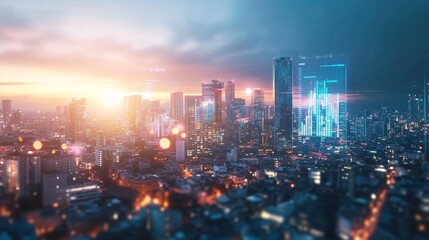 Fototapeta premium Futuristic cityscape with holographic charts displaying economic policy metrics