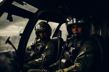 photo of two heli pilots in cockpit, pilot flying a helicopter