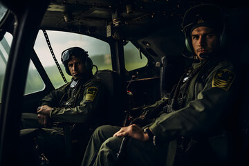 photo of two heli pilots in cockpit, pilot flying a helicopter