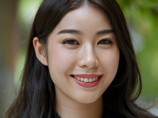 Happy woman portrait. Close-up portrait of a young woman with long dark hair smiling, showcasing her natural beauty and cheerful disposition.