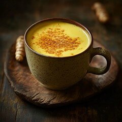 Obraz premium Turmeric Latte with Cinnamon in Ceramic Mug on Rustic Wooden Board
