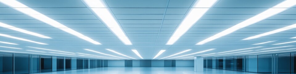 Obraz premium Sleek Fluorescent Lighting on White Ceiling: Modern Architectural Interior Design Element. Minimalist Illumination Concept for Commercial Spaces, Offices, and Retail Environments. Clean 4K Background 