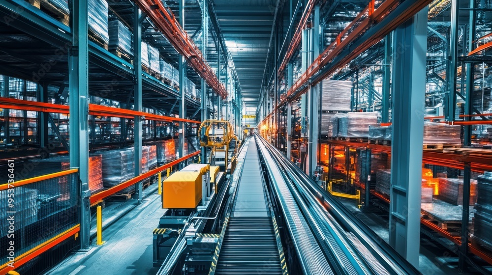 Poster automated conveyor system in a modern warehouse
