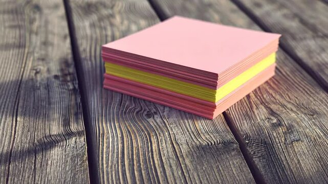 Colorful stack of sticky notes on wooden table creates a vibrant workspace for creativity and organization