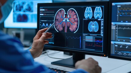 A healthcare professional analyzes brain scans on multiple monitors, utilizing advanced medical technology for diagnostics.