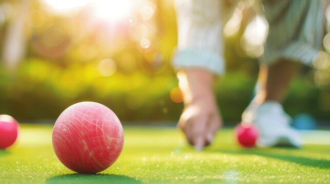 Seniors playing bocce ball in a park, wearing comfortable clothes and enjoying the game.