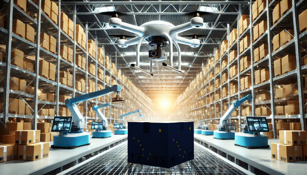 An advanced warehouse filled with drones and robots managing inventory, centered on an Alaska flag-marked package, symbolizing innovation in automated warehousing
