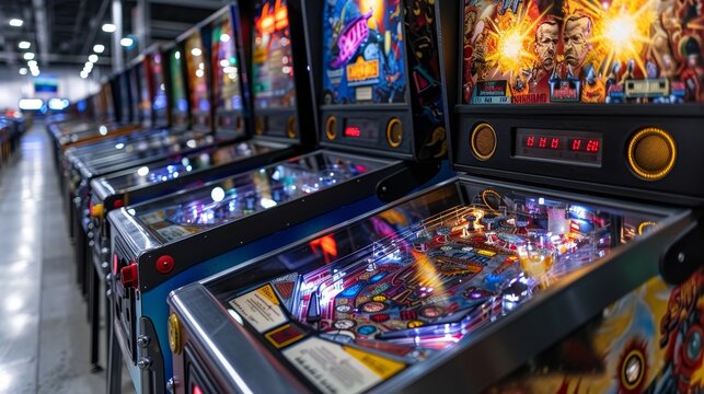 Brightly lit vintage pinball machines showcased in a nostalgic arcade filled with classic games