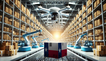 Fototapeta premium An advanced warehouse filled with drones and robots managing inventory, centered on an Texas flag-marked package, symbolizing innovation in automated warehousing