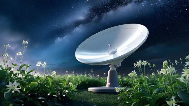 The satellite dish as a communication is under the beautiful night sky decorated with colorful flowers. Seamless 4K looping timelapse video animation background