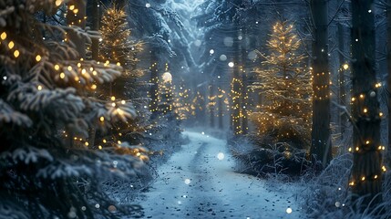 A tranquil forest path lined with Christmas trees, their branches heavy with snow and twinkling lights, leading into the heart of a glowing, enchanted woodland