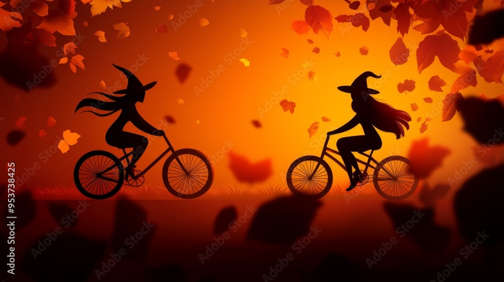 Poster Two witches, dressed in pointed hats and flowing robes, ride bicycles through a picturesque autumn scene. Fall leaves cascade around them, symbolizing magic, change, and a sense of freedom. The witche