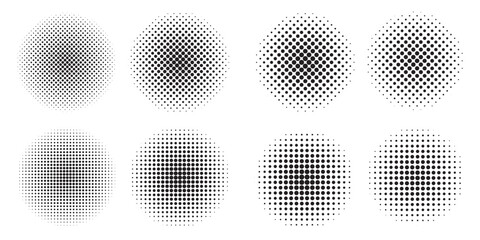 Set of black halftone dots backgrounds. Halftone gradient. Dotted gradient in round shape.
