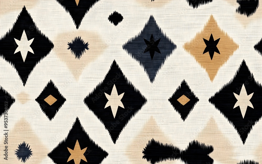 Poster elegant symmetrical ikat pattern in black and beige seamless repeating texture design