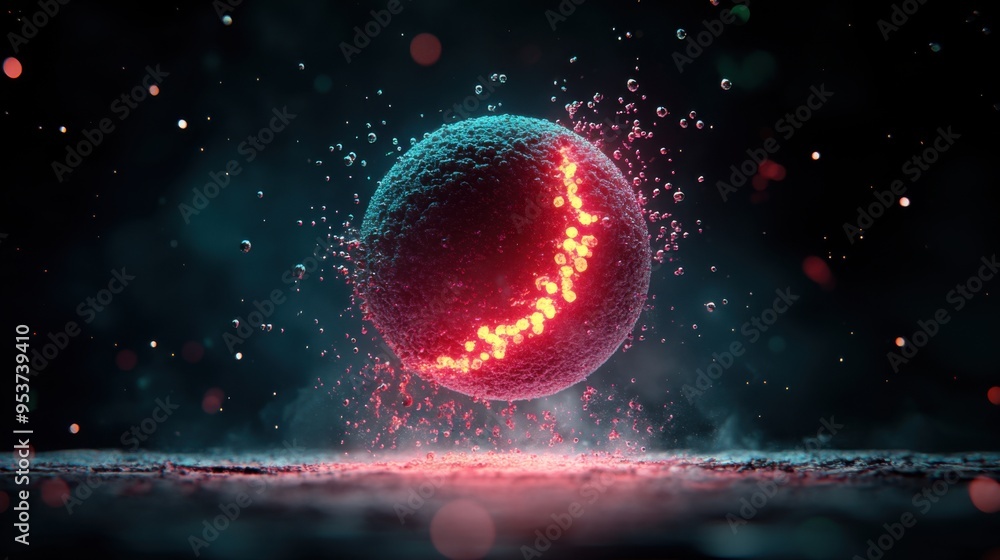 Poster illuminated 3d visualization of protein synthesis in biotechnology with glowing particles
