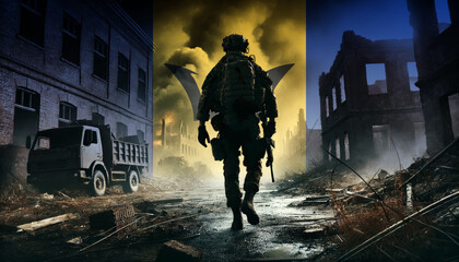 A lone soldier walking through a war-torn urban landscape with the Barbados flag overlay, symbolizing the bravery and resilience of  military forces in conflict zones.