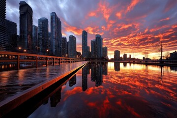 Fototapeta premium Amazing Sunset Cityscape, Red, and Reflections depicted in an urban setting where the sunset turns the sky red, with skyscrapers reflecting the vibrant colors
