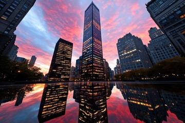 Obraz premium Amazing Sunset Cityscape, Red, and Reflections depicted in an urban setting where the sunset turns the sky red, with skyscrapers reflecting the vibrant colors