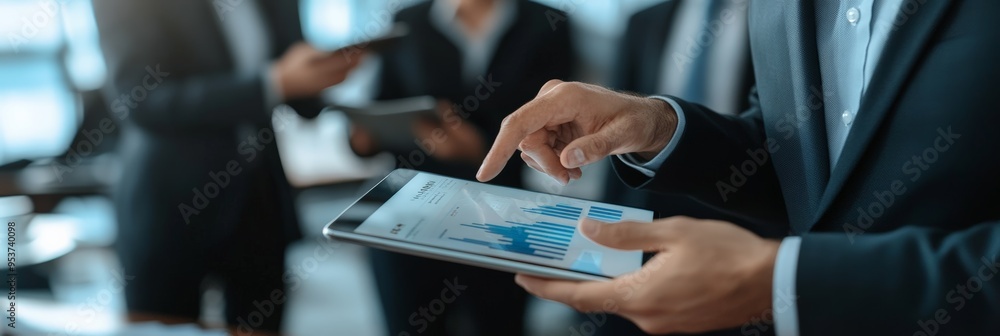 Poster close-up of a businessman's hand pointing at financial data on a tablet during a meeting. business t