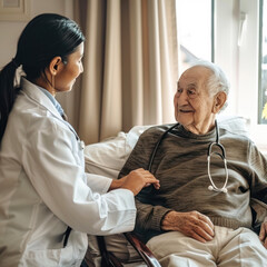 Obraz premium young female doctor examining and older patient