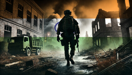 A lone soldier walking through a war-torn urban landscape with the India flag overlay, symbolizing the bravery and resilience of  military forces in conflict zones.