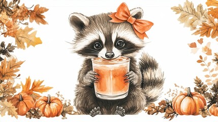 Cute raccoon with a bow, holding a drink, surrounded by autumn leaves and pumpkins. Perfect for fall-themed designs.