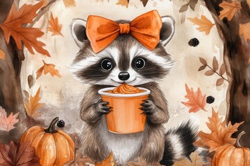 Cute raccoon wearing an orange bow holding a cup, surrounded by autumn leaves and pumpkins, watercolor illustration.