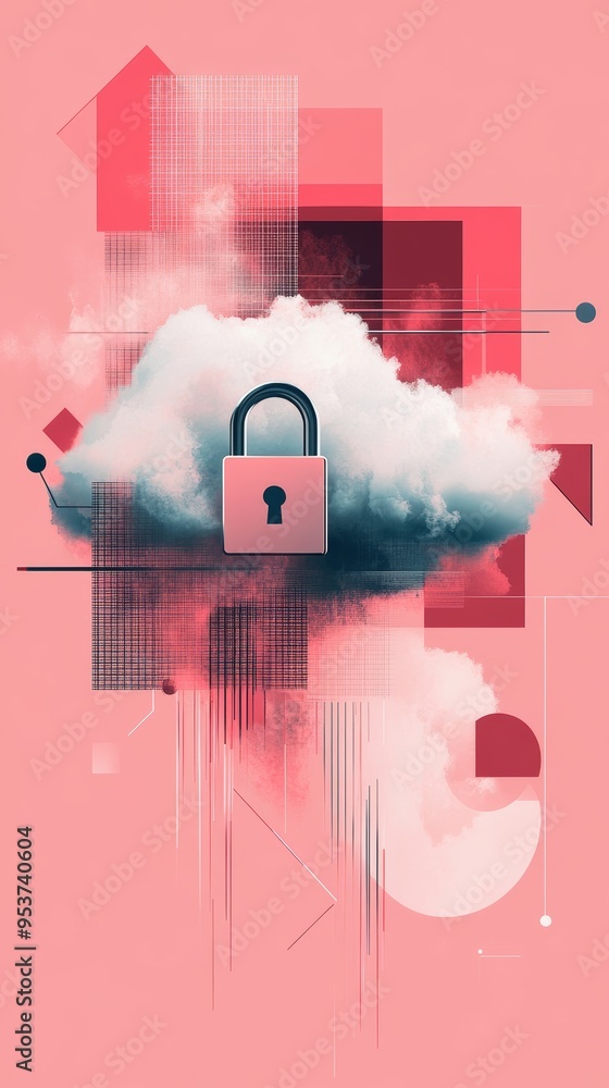 Aufkleber Lock icon embedded in a cloud against a pink geometric abstract background. Symbolizes cloud security and data protection.
