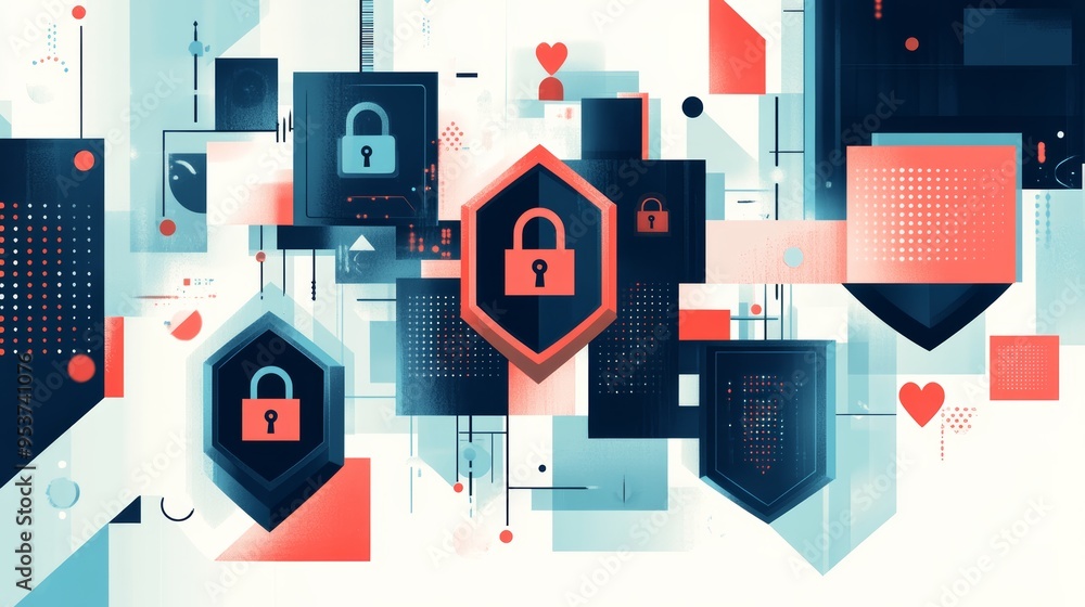 Poster Abstract digital artwork with padlock icons symbolizing cybersecurity and data protection. Concept of encrypted communication.