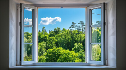 window with a summer forest view, sunny day, fresb air from the park trees