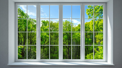 window with a summer forest view, sunny day, fresb air from the park trees