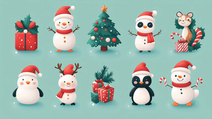 set of christmas icons with cute characters
