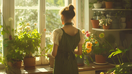 Woman in a vintage apron tending to plants by a sunlit window, surrounded by greenery and flowers in a cozy, rustic kitchen