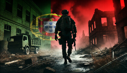 A lone soldier walking through a war-torn urban landscape with the Portugal flag overlay, symbolizing the bravery and resilience of  military forces in conflict zones.