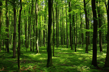 Fototapeta premium Lush green forest with tall trees and dense foliage