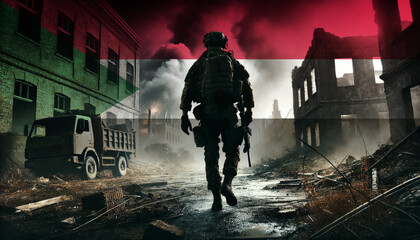 A lone soldier walking through a war-torn urban landscape with the Sudan flag overlay, symbolizing the bravery and resilience of  military forces in conflict zones.