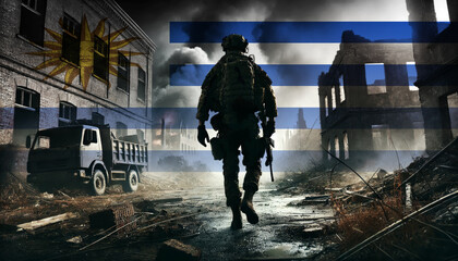 A lone soldier walking through a war-torn urban landscape with the Uruguay flag overlay, symbolizing the bravery and resilience of  military forces in conflict zones.