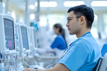 Obraz premium Patient Undergoing Dialysis in Modern Hospital Ward with Attentive Medical Professionals