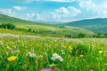 Fototapeta premium Vibrant meadow with rolling hills and blue sky
