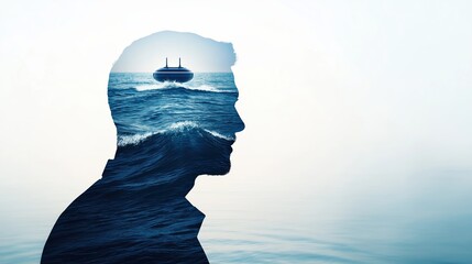 Double exposure of businessman with ocean waves, autonomous ships riding smoothly