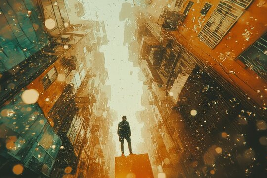 A Solitary Figure Stands on a Platform in a Cityscape Reflected in a Puddly Street