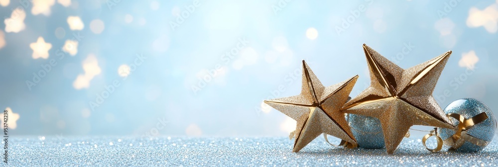 Wall mural A festive image featuring three golden stars with a sparkly blue glitter background.  The stars symbolize hope, dreams, and aspirations, while the glitter represents joy and celebration. The image evo