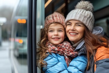 A woman and a child are smiling at the camera at the winter bus