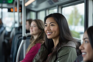 A woman with long hair is smiling at the camera while sitting on a bus