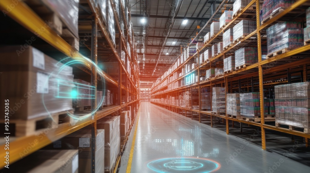 Poster automated warehouse with pallet storage and holographic display