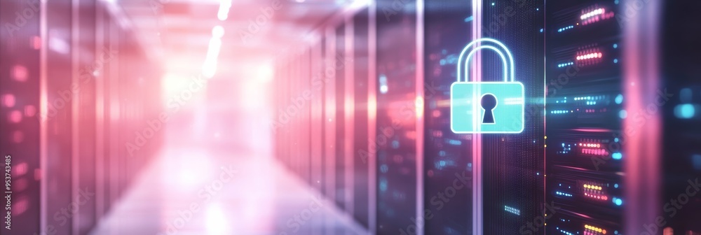 Poster secure lock icon in a data center hallway. represents digital security and cloud protection.