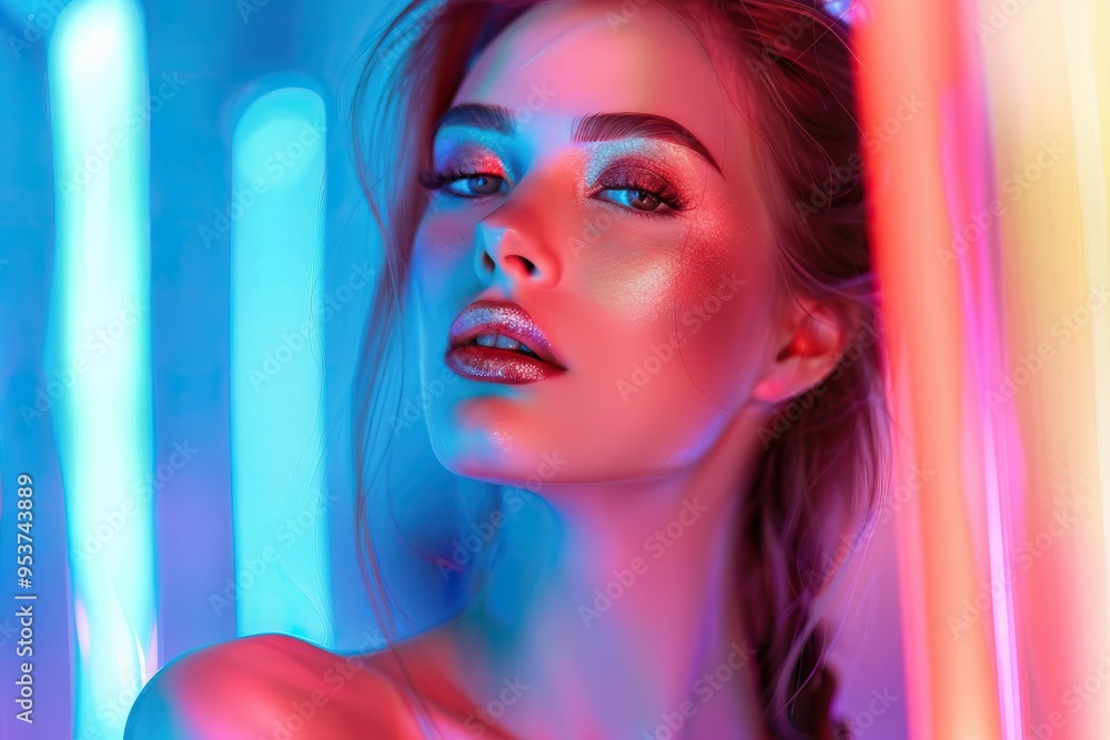 Poster fashion model in neon lights with glowing makeup art style.