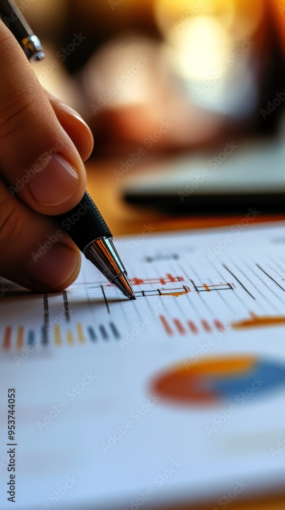 Poster hand writing on a document with colorful financial graphs in a warm, blurred background office. conc