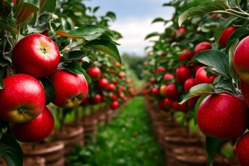 Obraz premium Apple Garden Trees, Orchard, and Harvest depicted in a vibrant scene where rows of apple trees are laden with ripe fruits ready for picking, under a clear blue sky