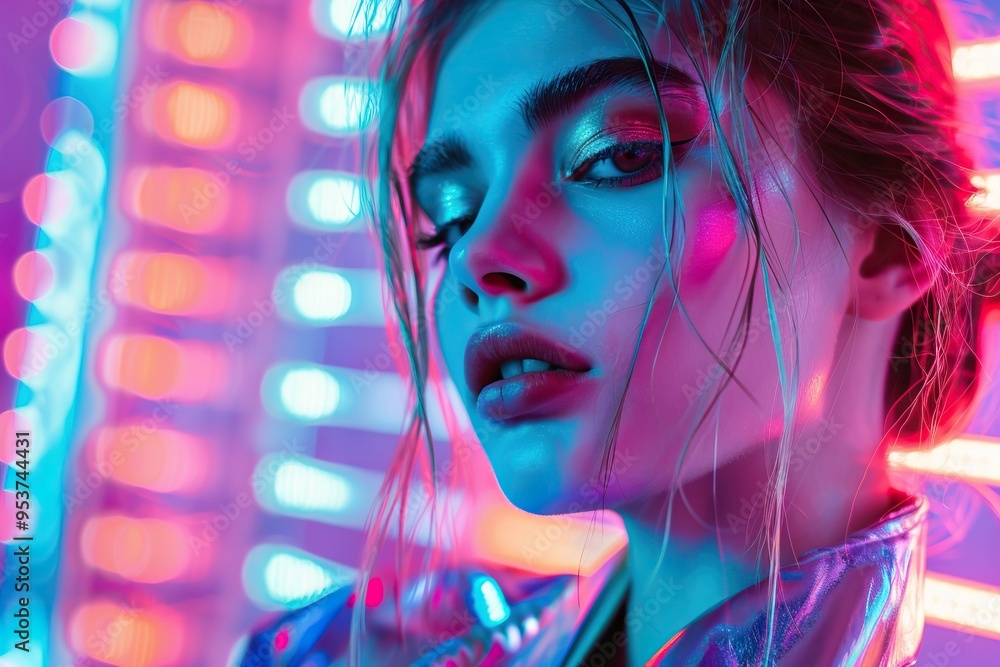 Poster Fashion model in neon lights with trendy makeup in studio.